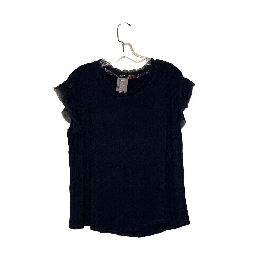 Dolan‎ Left Coast Black Shirt Top Short Flutter Sleeves Fringe Lace Neck Women M